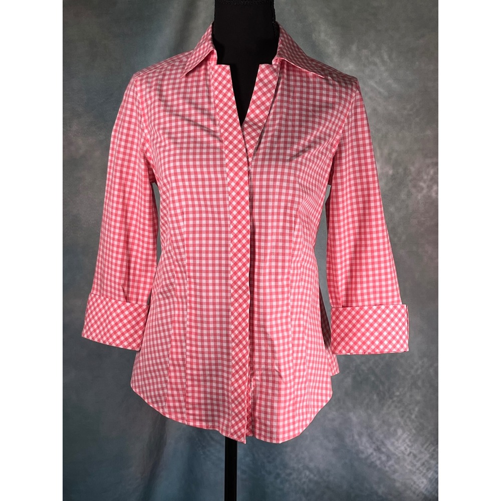 Investments Gold Label Taylor Pink Gingham No Iron Cotton Shirt Womens 6 3/4 Slv